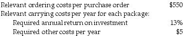 The Allianz Company produces a specialty wood furniture product, and has the following information available concerning its inventory items:   Annual demand is 34,000 packages per year. The purchase price per package is $51. What is the annual relevant ordering costs? A)  $6837 B)  $10,428 C)  $7873 D)  $11,300