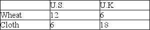   The table above shows United States and United Kingdom production of wheat (bushels per hour) and cloth (yards per hour) . According to Adam Smith,which of the following is true? A) The United States has an absolute advantage in the production of wheat. B) The United States has an absolute advantage in the production of cloth. C) There is no basis for trade between these countries. D) The United States will gain more from trade than the United Kingdom.