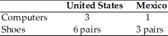 Table 3.1 Output per Hour Worked    -Based on Table 3.1,the opportunity cost of a pair of shoes in the United States is A) three computers. B) two computers. C) one computer. D) one-half computer.