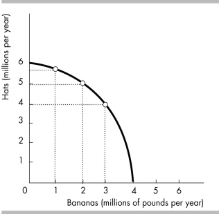   -In the production possibilities frontier depicted in the figure above, what is the opportunity cost of increasing the production of bananas from two million pounds to three million pounds? A)  1/2 hat per pound of bananas B)  1 hat per pound of bananas C)  2 hats per pound of bananas D)  3 hats per pound of bananas