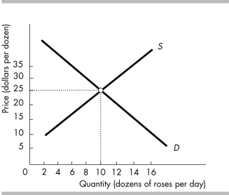   -In the above figure, a price of $35 per dozen would result in A)  a shortage. B)  equilibrium. C)  a surplus. D)  upward pressure on prices.