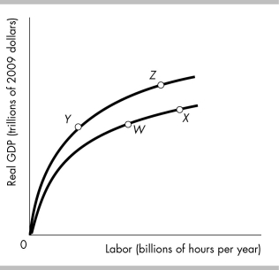   -The figure above shows the U.S. production function. From 1986 to 2008 the United States experienced major advances in technology as well as an increase in the working-age population. The combined effect can best be shown by a A)  movement from point W to point X. B)  movement from point Y to point Z. C)  movement from point Y to point X. D)  movement from point W to point Z.
