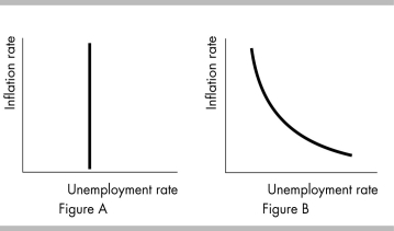   -Which of the diagrams in the above figure best illustrates a short-run Phillips curve? A)  Figure A B)  Figure B C)  both Figure A and Figure B D)  neither Figure A nor Figure B