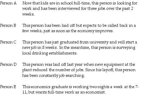 Table 21.2.1 This table shows the answers given by interviewees to the Labour Force Survey.     Use the table below to answer the following questions. -In Table 21.2.1, which person is structurally unemployed? A) A B) B C) C D) D E) none of them