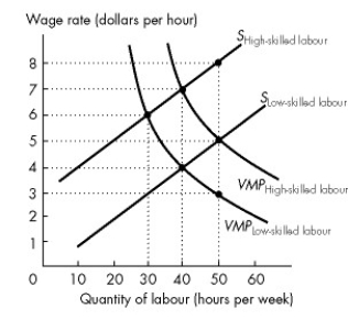 Use the figure below to answer the following questions.     Figure 19.3.5 -Refer to Figure 19.3.5.This figure shows the labour supply curves and the value of marginal product curves for high-skilled and low-skilled workers.The equilibrium wage rate for high-skilled workers is A) $5 an hour. B) $4 an hour. C) $6 an hour. D) $8 an hour. E) $7 an hour.