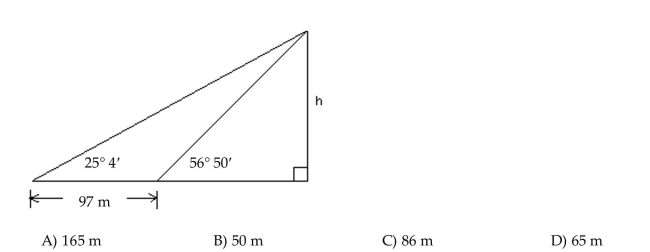 Solve the problem. Find h as indicated in the figure. Round to the nearest meter.