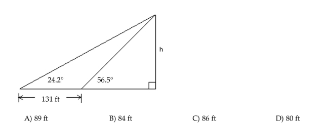 Solve the problem. Find h as indicated in the figure. Round to the nearest foot.