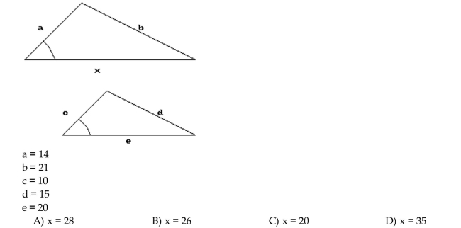 The triangles are similar. Find the missing side, angle or value of the variable.
