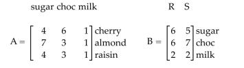 Solve the problem. -A company makes three chocolate candies: cherry, almond, and raisin. Matrix A gives the amount Of ingredients in one batch. Matrix B gives the costs of ingredients from suppliers R and S. What is The cost of 100 batches from supplier R?   A)  $16,800 B)  $6,600 C)  $13,200 D)  $17,900