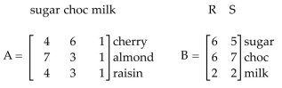 Solve the problem. -A company makes three chocolate candies: cherry, almond, and raisin. Matrix A gives the amount Of ingredients in one batch. Matrix B gives the costs of ingredients from suppliers R and S. What is The cost of 100 batches from supplier S?   A)  $13,200 B)  $12,000 C)  $16,500 D)  $6,600
