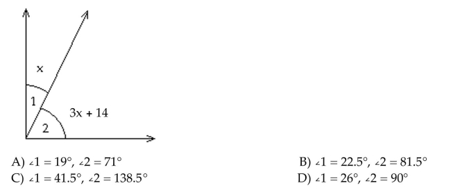 Identify the name of the angles labeled in the figure. ∠1 and ∠2 are complementary angles. What are the measures of the two angles?  <div style=padding-top: 35px> 