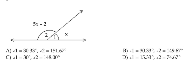 Identify the name of the angles labeled in the figure. ∠1 and ∠2 are supplementary angles. What are the measures (to the nearest hundredth) of the two Angles?  <div style=padding-top: 35px> 