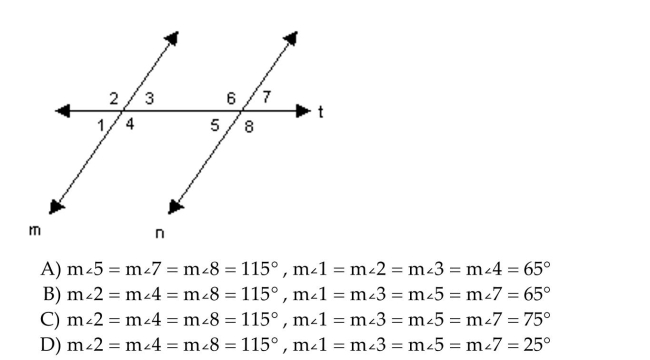 Identify the name of the angles labeled in the figure. If m∠6 = 115°, determine the measures of the other angles.  <div style=padding-top: 35px> 