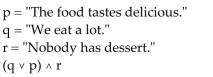 <strong>Convert the compound statement into words. </strong> A) We eat a lot and the food tastes delicious or nobody has dessert. B) We do not eat a lot or the food tastes delicious and nobody has dessert. C) We eat a lot or the food tastes delicious or nobody has dessert. D) We eat a lot or the food tastes delicious and nobody has dessert.
