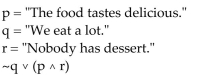 <strong>Convert the compound statement into words. </strong> A) We do not eat a lot and the food tastes delicious and nobody has dessert. B) We eat a lot or the food tastes delicious and nobody has dessert. C) We do not eat a lot or the food tastes delicious or nobody has dessert. D) We do not eat a lot or the food tastes delicious and nobody has dessert.