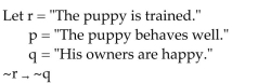 <strong>Write the compound statement in words. </strong> A) If the puppy is not trained then his owners are not happy. B) The puppy is not trained and his owners are not happy. C) It is not the case that if the puppy is trained then his owners are happy. D) The puppy is trained or his owners are happy.