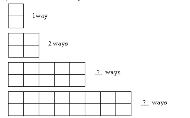 Solve the problem using inductive reasoning. In how many ways can you exactly cover the last two diagrams with ʺdominoesʺ that are just the size of two small squares?
