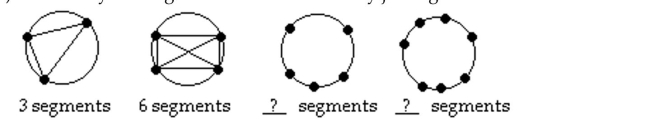 How many line segments are determined by joining dots on the last two circles?  