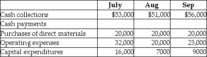 Nyree Company is preparing its budget for the third quarter.The cash balance on June 30 was $32,000.Additional budgeted data are provided here:   What amount should be shown in the cash budget for the cash balance at the end of July? A) $36,000 B) $17,000 C) $121,000 D) $85,000
