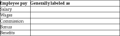 There are numerous ways to label an employee's pay.Complete the table to show how each type of employee pay is generally labeled.   
