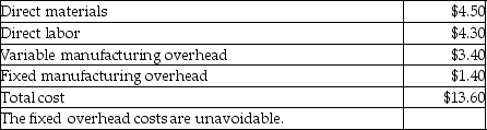 Cruise Company produces a part that is used in the manufacture of one of its products. The unit manufacturing costs of this part, assuming a production level of 6100 units, are as follows:   Assuming no other use for its facilities, what is the highest price per unit that Cruise Company should pay for the part? A) $13.60 B) $12.20 C) $8.80 D) $5.90