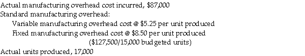 Yummy-Tummy Foods has the following information about its standards and production activity for November:   Assume the allocation base for fixed overhead costs is the number of units to be produced. How much are the standard overhead costs allocated to actual production? A) $233,750 B) $206,250 C) $87,000 D) $78,750