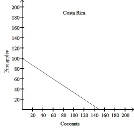 Figure 2.14     Figure 2.14 shows the production possibilities frontiers for Costa Rica and Guatemala.Each country produces two goods, pineapples and coconuts. Alt text for Figure 2.14: In figure 2.14, 2 graphs show the production possibilities frontiers for Costa Rica and Guatemala. Long description for Figure 2.14: The graph on the left represents Costa Rica.The x-axis is labelled, coconuts, and is marked from 20 to 200 in increments of 20.The y-axis is labelled, pineapples, and is marked from 20 to 200 in increments of 20.A slanted line is drawn from point 100 on the y-axis to point 150 on the x-axis.The graph on the right represents Guatemala.The x-axis is labelled, coconuts, and is marked from 20 to 200 in increments of 20.The y-axis is labelled, pineapples, and is marked from 20 to 200 in increments of 20.A slanted line is drawn from point 90 on the y-axis to point 180 on the x-axis. -Refer to Figure 2.14.What is the opportunity cost of producing 1 tonne of coconuts in Costa Rica? A) 3/8 of a tonne of pineapples B) 2/3 of a tonne of pineapples C) 1 1/2 tonnes of pineapples D) 100 tonnes of pineapples