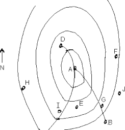 <strong>Refer to the diagram of a mature wave cyclone. Of the stations listed below, which one most likely has the LEAST rain and cloud cover?</strong> A) point A B) point B C) point I D) point G E) point H