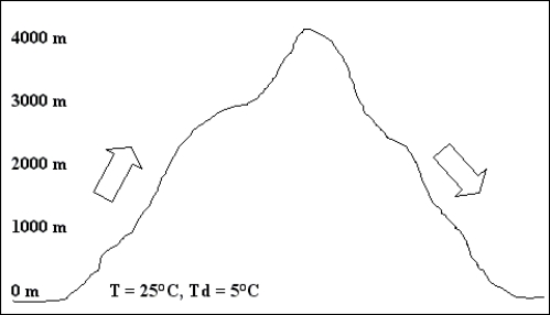 <strong>For the following questions, refer to the diagram shown below. Given the conditions shown in the diagram above, the elevation of the cloud base would be:</strong> A) 2000 m. B) 2500 m. C) 111000 m. D) 3000 m.