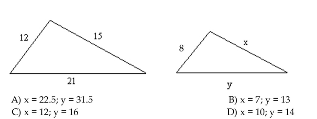 The two triangles below are similar. Find the missing lengths.