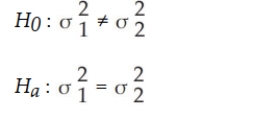 One of the major automobile makers has developed two new engines. At question is whether the two engines have the same variability with respect to miles per gallon. To test this, the following information is available:   Based on this situation and the information provided, the appropriate null and alternative hypotheses are:  