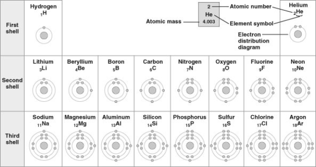 Refer to the following figure (first three rows of the periodic table)  to answer the questions below.    -What element does not prefer to react with other elements? A)  hydrogen B)  helium C)  beryllium D)  both hydrogen and beryllium
