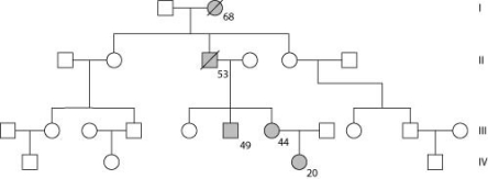 <strong>The figure shows the pedigree for a family. Dark-shaded symbols represent individuals with one of the two major types of colon cancer. Numbers under the symbols are the individual's age at the time of diagnosis. Males are represented by squares, females by circles. From this pedigree, this trait seems to be inherited ________.</strong> A) from mothers B) as an autosomal recessive C) as a result of epistasis D) as an autosomal dominant