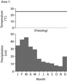 Use the following figures to answer the question below.     Based on the data in the figures, which of the following statements is accurate? A)  Area 1 could be called a boreal forest/taiga. B)  Area 2 could be called a temperate grassland. C)  Area 1 could be called a tropical wet/rain forest. D)  Area 2 could be tundra.