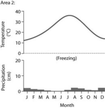 Use the following figures to answer the question below.     Based on the data in the figures, which of the following statements is accurate? A)  Area 1 could be called a boreal forest/taiga. B)  Area 2 could be called a temperate grassland. C)  Area 1 could be called a tropical wet/rain forest. D)  Area 2 could be tundra.