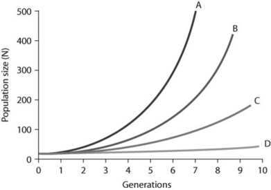 Use the graph to answer the following question.   In the figure, curves A-D depict per capita rate increases (r) . Which of the following best explains the difference between the shapes of these curves? A)  The population growth is logistic as generations continue to form. B)  The growth is exponential for curves A and B, but because population growth for C and D is slower, it is considered logistic. C)  Population growth within each curve gets steeper as time passes because growth depends on both per capita rates of increase and current population size. D)  Curve A has the fastest rate of logistic growth.