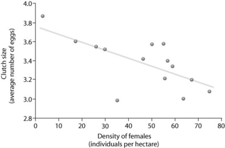 Use the graph to answer the following question.   Based on the figure, which of the following statements correctly interprets the data? A)  Clutch size is always lowest at a density of about 35 females. B)  As female density increases, survivorship decreases. C)  Clutch size increases as female density increases. D)  Clutch size is inversely related to density.