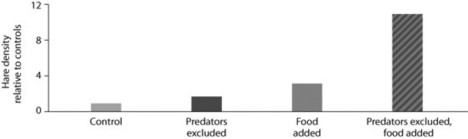 Use the figure to answer the following question.   Looking at the data in the figure from the hare/lynx experiment, what conclusion(s) can you draw? I.Food is a factor in controlling hare population size. II.Excluding lynx is a factor in controlling hare population size. III.The effect of excluding predators and adding food in the same experiment is greater than the sum of excluding lynx alone plus adding food alone. A)  only I B)  only II C)  only III D)  I, II, and III 