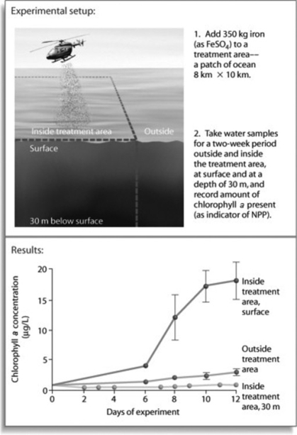 Use the following figure to answer the question.   After looking at the experiment in the figure, what can be concluded about productivity in marine ecosystems? A)  Nothing can be said based on this information. B)  Marine organisms break down iron for energy and thus for productivity. C)  Iron can be a limiting nutrient in productivity. D)  Productivity increases when chlorophyll a is added.