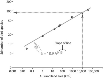 Use the following figure to answer the question.   Based on the species-area plot in the figure, if habitable area on an island were reduced from 10,000 square kilometers (km²) to 1,000 km², roughly what percentage of the species would disappear? A)  0.3 percent B)  3 percent C)  30 percent D)  60 percent