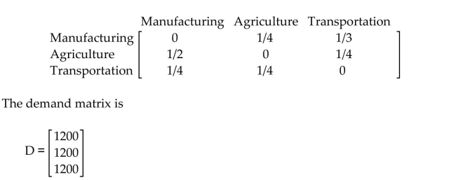 Solve the problem. -Suppose the following matrix represents the input-output matrix, T, of a simplified economy.   Find the amount of each commodity that should be produced. A) 3360 units of manufacturing, 2796 units of agriculture, and 3012 units of transportation. B) 2976 units of manufacturing, 3386.4 units of agriculture, and 2791.2 units of transportation. C) 3012 units of manufacturing, 3360 units of agriculture, and 2791.2 units of transportation. D) 3012 units of manufacturing, 2796 units of agriculture, and 2976 units of transportation.