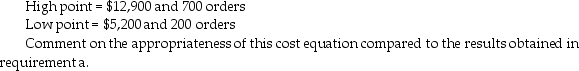 Cross Distribution Company uses two different independent variables (number of orders and weight of orders)in two different equations to evaluate costs of the packaging department.The most recent results of the two regressions are as follows: Number of orders:      Weight of orders:      There were twenty degrees of freedom.The critical value at the 95% level is 1.729.Required: a.What are the estimating equations for each cost driver? b.Which cost driver is best and why? c.Prepare the cost equation using the following high and low points:   