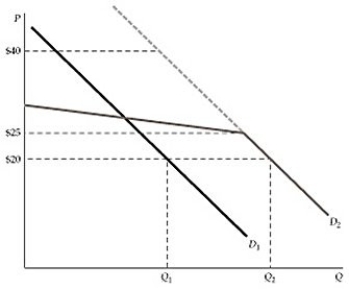   Figure 19.2.1 -Refer to Figure 19.2.1 above. The figure describes the demand for snow shovels before and during a snow storm. Many consumers buy shovels in anticipation of snow. Which curve or portion of a curve corresponds to those consumers? A)  The demand curve D<sub>1</sub> B)  The flat portion of demand curve D<sub>2</sub> C)  The dashed portion of demand curve D<sub>2</sub> D)  The dashed and solid portions of demand curve D<sub>2</sub>