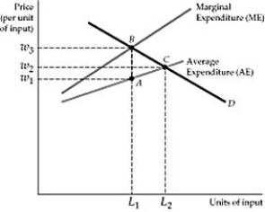   Figure 14.3.1 -Refer to Figure 14.3.1 above. The marginal expenditure lies above the average expenditure because: A)  the buyer of the input has monopoly power . B)  the seller of the input has monopoly power. C)  the buyer of the input has monopsony power. D)  the seller of the input has monopsony power.