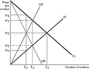   Figure 14.4.2 -Given the information in Figure 14.4.2, the competitive wage rate is: A)  W<sub>1</sub>. B)  W<sub>2</sub>. C)  W<sub>3</sub>. D)  W<sub>4</sub>. E)  none of the above