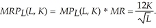 One Guy's marginal revenue of the product of labor is:   With 4 ovens, the optimal employment of labor is:   If the number of ovens increases to 5, the optimal employment of labor is:   Thus, increasing the number of ovens from 4 to 5 increases the optimal employment of labor by 56.25%.