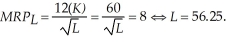 One Guy's marginal revenue of the product of labor is:   With 4 ovens, the optimal employment of labor is:   If the number of ovens increases to 5, the optimal employment of labor is:   Thus, increasing the number of ovens from 4 to 5 increases the optimal employment of labor by 56.25%.