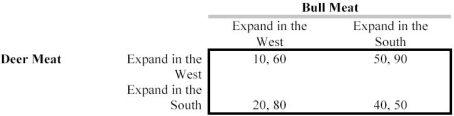 Scenario 13.5 Consider the following game:   -In the game in Scenario 13.5, A)  there is one equilibrium: for both to expand West. B)  there is one equilibrium: for both to expand South. C)  there are two equilibria: either can expand in the West, and the other expands in the South. D)  there is only a mixed strategies equilibrium. E)  all four outcomes are equilibria.