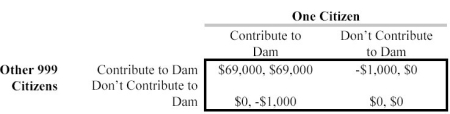 Scenario 13.7 Consider the game below about funding and construction of a dam to protect a 1,000-person town. Contributions to the Dam Fund, once made, cannot be recovered, and all citizens must contribute $1,000 to the dam in order for it to be built. The dam, if built, is worth $70,000 to each citizen.   -Refer to the game in Scenario 13.7. If each player chose a maximin strategy, the outcome would be: A)  $69,000, $69,000. B)  $0, -$1000. C)  -$1000, $0. D)  $0, $0. E)  a mixed strategy equilibrium.