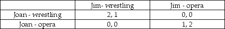 Consider the Battle of the Sexes game:   Suppose both players use maximin strategies for this game. Is there a clear equilibrium outcome to the game in this case? A)  Yes, both players select wrestling. B)  Yes, both players select opera. C)  No, both players face the minimum payoff (0)  under both actions. D)  We do not have enough information to answer this question.